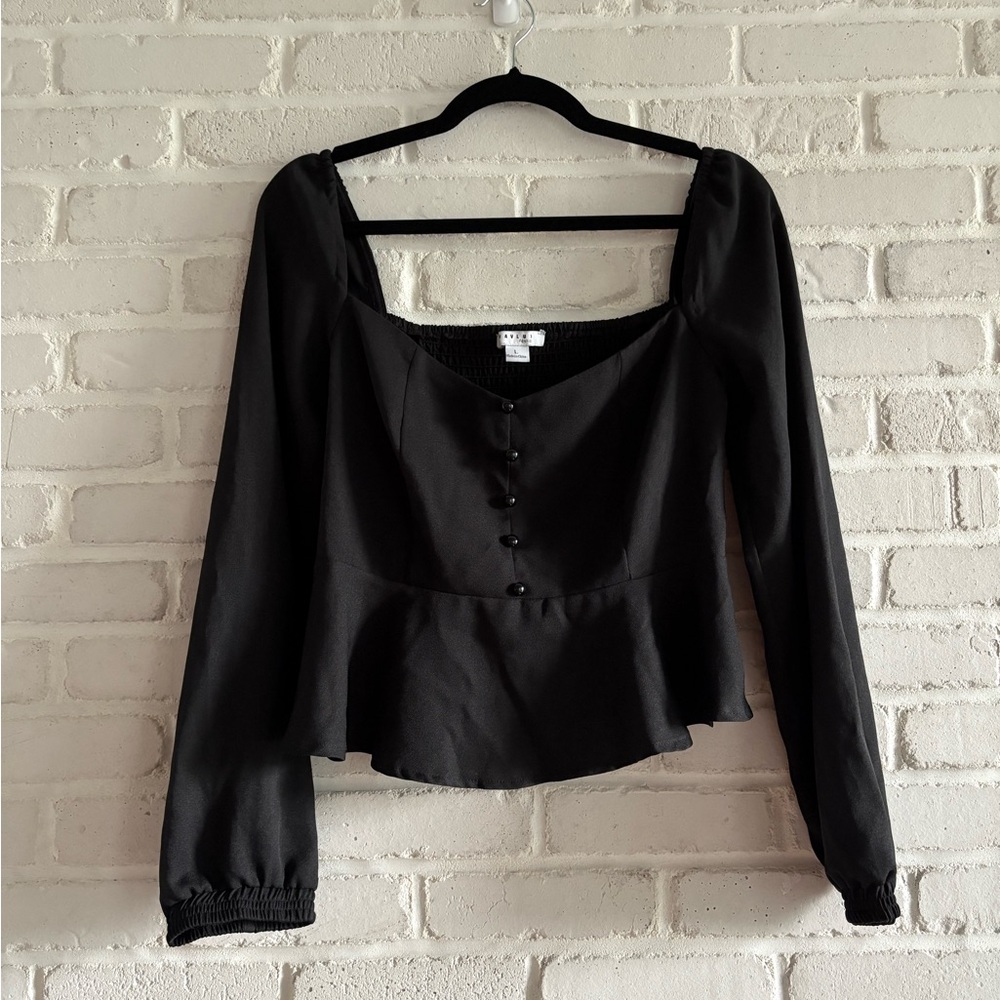 FAVLUX Black Peplum Blouse, Size Large.